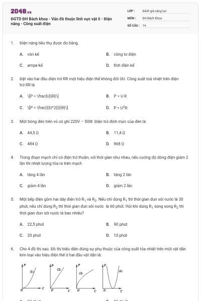 ĐGTD ĐH Bách khoa - Vấn đề thuộc lĩnh vực vật lí - Điện năng - Công suất điện