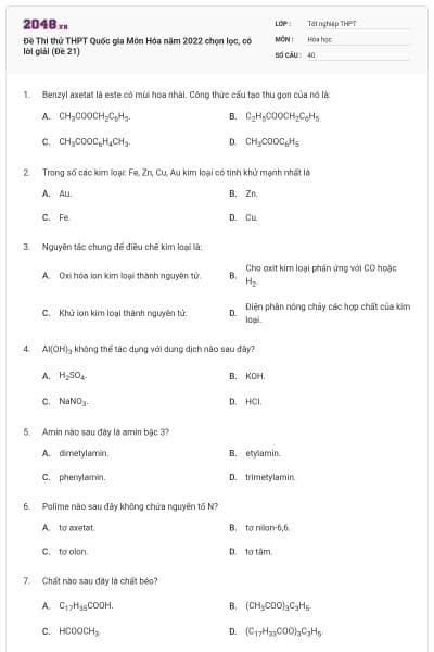 Đề Thi thử THPT Quốc gia Môn Hóa năm 2022 chọn lọc, có lời giải (Đề 21)