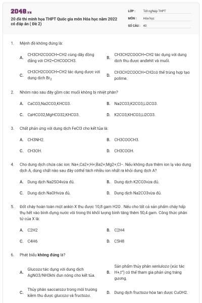 20 đề thi minh họa THPT Quốc gia môn Hóa học năm 2022 có đáp án ( Đề 2)