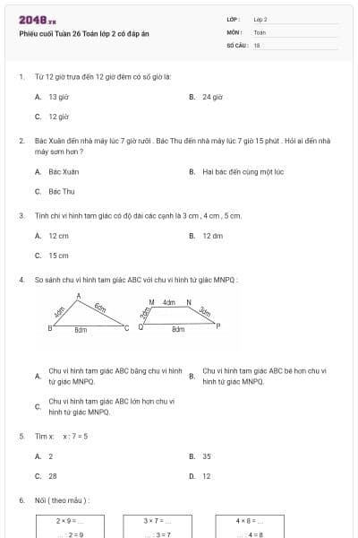 Phiếu cuối Tuần 26 Toán lớp 2 có đáp án