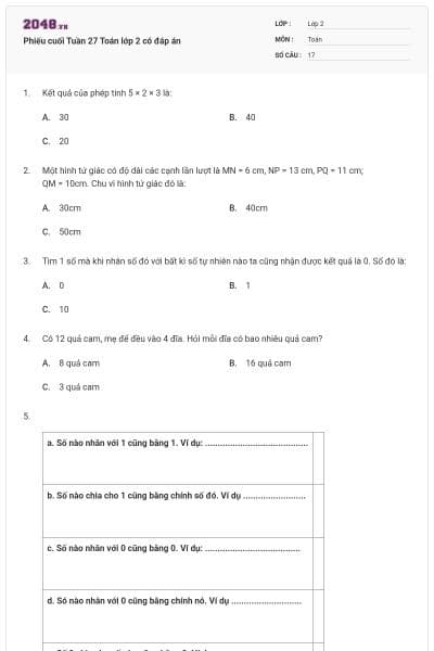 Phiếu cuối Tuần 27 Toán lớp 2 có đáp án