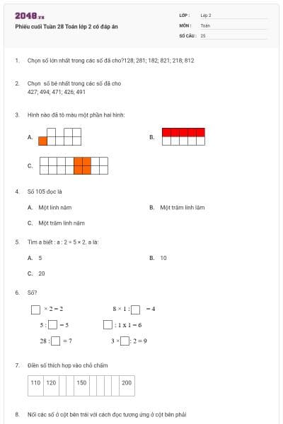 Phiếu cuối Tuần 28 Toán lớp 2 có đáp án