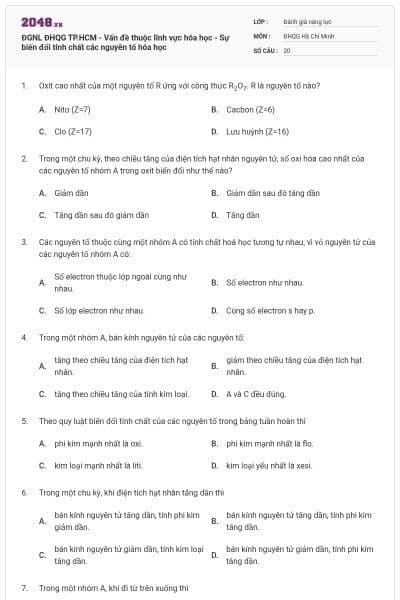 ĐGNL ĐHQG TP.HCM - Vấn đề thuộc lĩnh vực hóa học - Sự biến đổi tính chất các nguyên tố hóa học