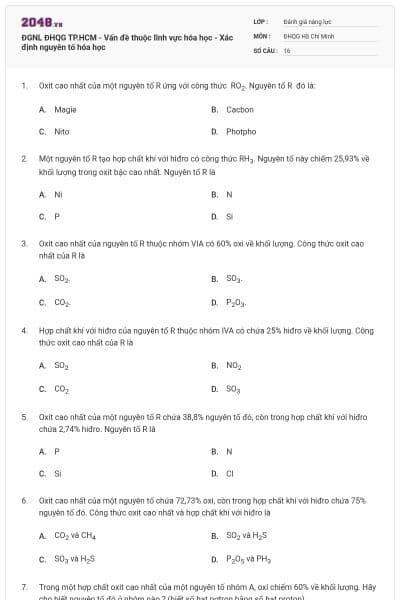 ĐGNL ĐHQG TP.HCM - Vấn đề thuộc lĩnh vực hóa học - Xác định nguyên tố hóa học