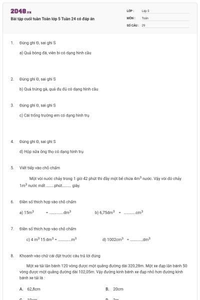 Bài tập cuối tuần Toán lớp 5 Tuần 24 có đáp án