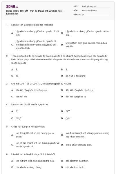 ĐGNL ĐHQG TP.HCM - Vấn đề thuộc lĩnh vực hóa học - Liên kết ion