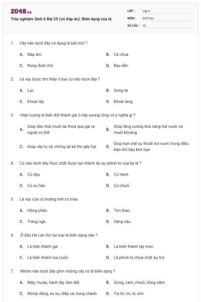 Trắc nghiệm Sinh 6 Bài 25 (có đáp án): Biến dạng của lá