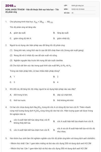 ĐGNL ĐHQG TP.HCM - Vấn đề thuộc lĩnh vực hóa học - Tốc độ phản ứng