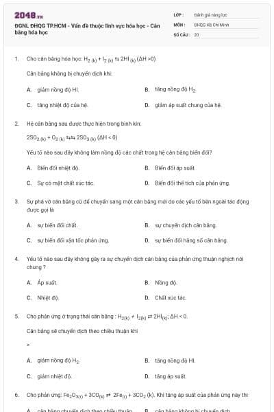 ĐGNL ĐHQG TP.HCM - Vấn đề thuộc lĩnh vực hóa học - Cân bằng hóa học