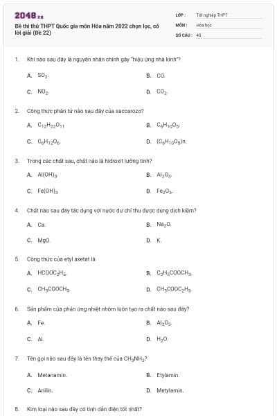 Đề thi thử  THPT Quốc gia môn Hóa năm 2022 chọn lọc, có lời giải (Đề 22)