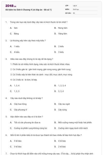 Đề kiểm tra Sinh 6 Chương 4 (có đáp án - Đề số 1)