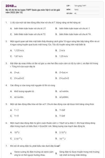 Bộ 25 đề thi ôn luyện THPT Quốc gia môn Vật lí có lời giải năm 2022 (Đề 13)