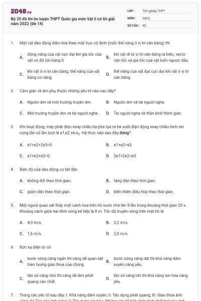 Bộ 25 đề thi ôn luyện THPT Quốc gia môn Vật lí có lời giải năm 2022 (Đề 14)