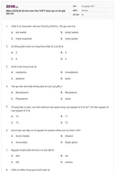 [Năm 2022] Đề thi thử môn Hóa THPT Quốc gia có lời giải (Đề 29)