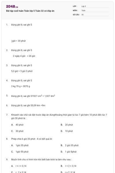 Bài tập cuối tuần Toán lớp 5 Tuần 32 có đáp án