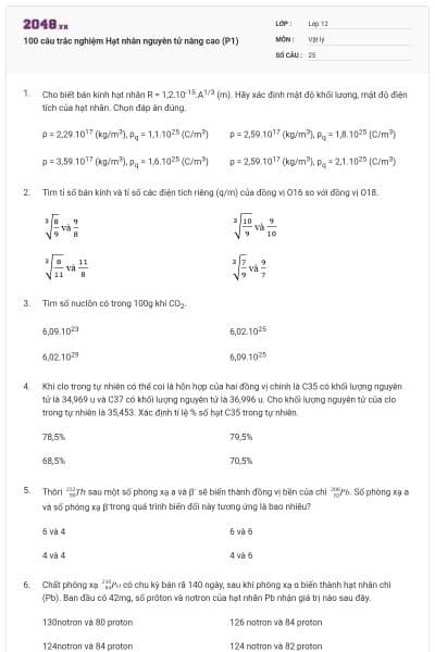 100 câu trắc nghiệm Hạt nhân nguyên tử nâng cao (P1)