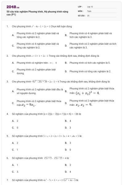 50 câu trắc nghiệm Phương trình, Hệ phương trình nâng cao (P1)