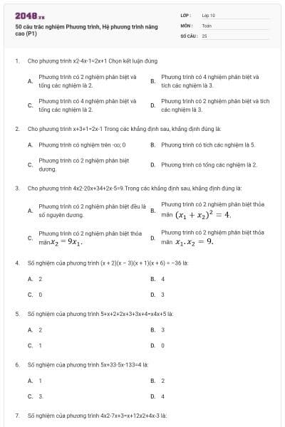 50 câu trắc nghiệm Phương trình, Hệ phương trình nâng cao (P1)