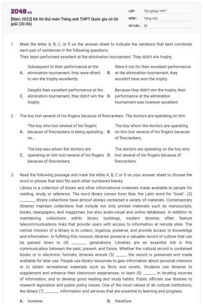 [Năm 2022] Đề thi thử môn Tiếng anh THPT Quốc gia có lời giải (20 đề)
