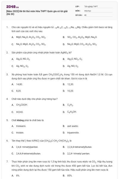 [Năm 2022] Đề thi thử môn Hóa THPT Quốc gia có lời giải (Đề 30)