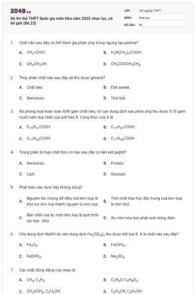 Đề thi thử THPT Quốc gia môn Hóa năm 2022 chọn lọc, có lời giải (Đề 23)