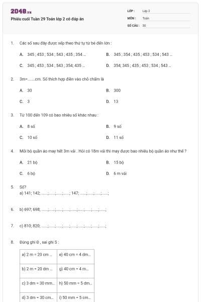 Phiếu cuối Tuần 29 Toán lớp 2 có đáp án