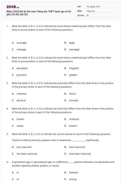 [Năm 2022] Đề thi thử môn Tiếng anh THPT Quốc gia có lời giải (25 đề) (Đề 02)