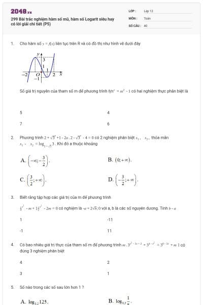 299 Bài trắc nghiệm hàm số mũ, hàm số Logarit siêu hay có lời giải chi tiết (P5)