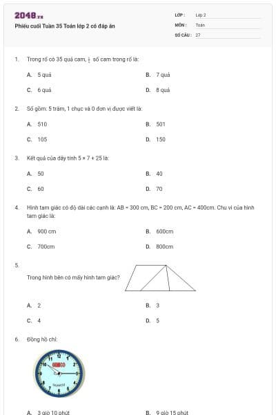Phiếu cuối Tuần 35 Toán lớp 2 có đáp án