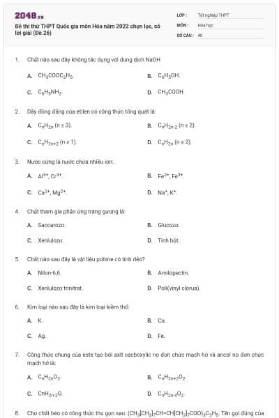 Đề thi thử THPT Quốc gia môn Hóa năm 2022 chọn lọc, có lời giải (Đề 26)