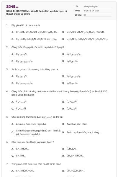 ĐGNL ĐHQG TP.HCM - Vấn đề thuộc lĩnh vực hóa học - Lý thuyết chung về amine