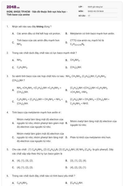 ĐGNL ĐHQG TP.HCM - Vấn đề thuộc lĩnh vực hóa học - Tính base của amine