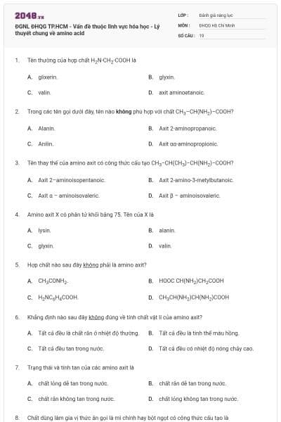ĐGNL ĐHQG TP.HCM - Vấn đề thuộc lĩnh vực hóa học - Lý thuyết chung về amino acid