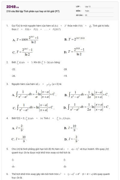 210 câu Bài tập Tích phân cực hay có lời giải (P7)