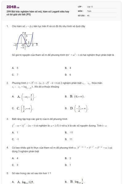 299 Bài trắc nghiệm hàm số mũ, hàm số Logarit siêu hay có lời giải chi tiết (P5)