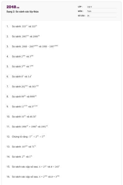 Dạng 2: So sánh các lũy thừa