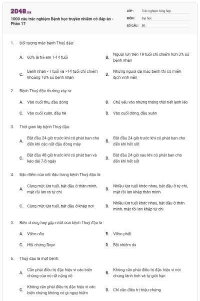 1000 câu trắc nghiệm Bệnh học truyền nhiễm có đáp án - Phần 17