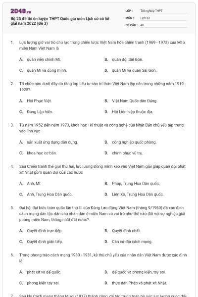 Bộ 25 đề thi ôn luyện THPT Quốc gia môn Lịch sử có lời giải năm 2022 (Đề 3)