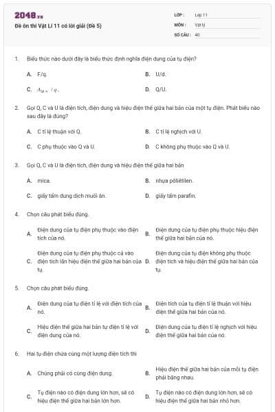 Đề ôn thi Vật Lí 11 có lời giải (Đề 5)