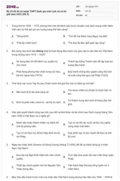 Bộ 25 đề thi ôn luyện THPT Quốc gia môn Lịch sử có lời giải năm 2022 (Đề 5)