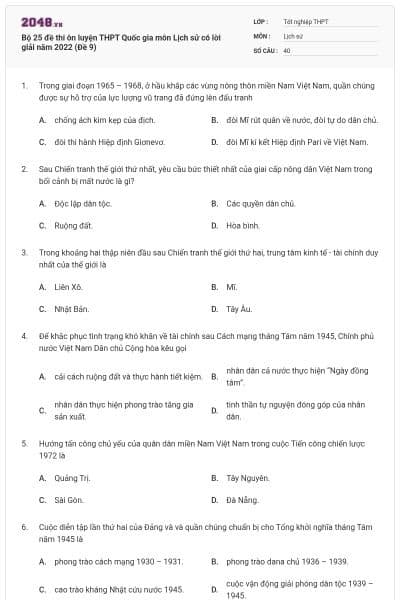 Bộ 25 đề thi ôn luyện THPT Quốc gia môn Lịch sử có lời giải năm 2022 (Đề 9)