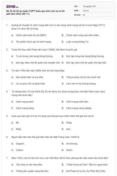 Bộ 25 đề thi ôn luyện THPT Quốc gia môn Lịch sử có lời giải năm 2022 (Đề 11)