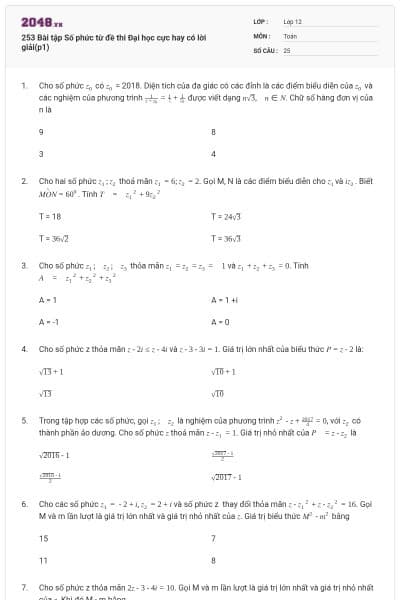 253 Bài tập Số phức từ đề thi Đại học cực hay có lời giải(p1)