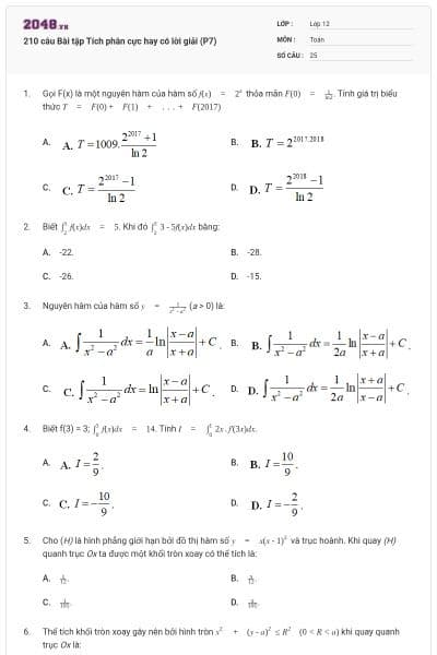 210 câu Bài tập Tích phân cực hay có lời giải (P7)