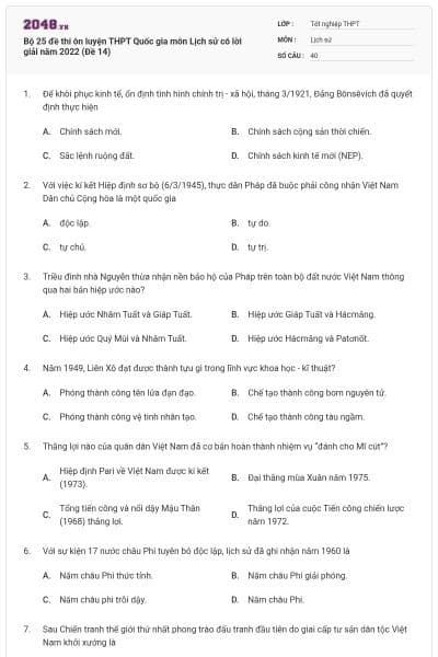 Bộ 25 đề thi ôn luyện THPT Quốc gia môn Lịch sử có lời giải năm 2022 (Đề 14)