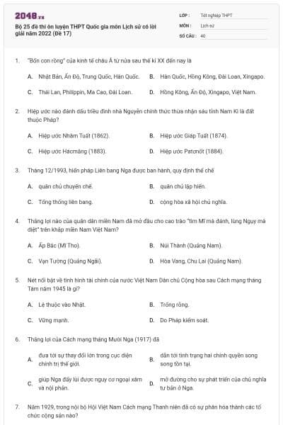 Bộ 25 đề thi ôn luyện THPT Quốc gia môn Lịch sử có lời giải năm 2022 (Đề 17)