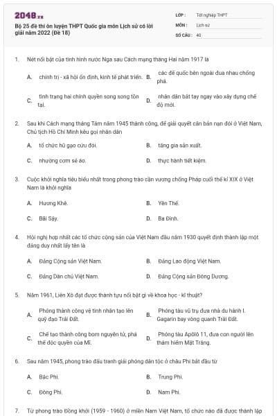 Bộ 25 đề thi ôn luyện THPT Quốc gia môn Lịch sử có lời giải năm 2022 (Đề 18)