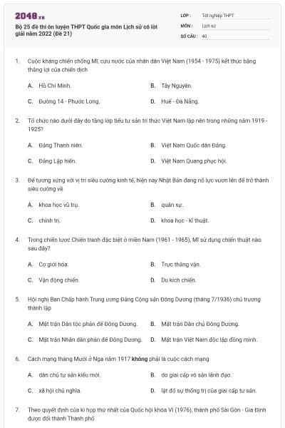 Bộ 25 đề thi ôn luyện THPT Quốc gia môn Lịch sử có lời giải năm 2022 (Đề 21)