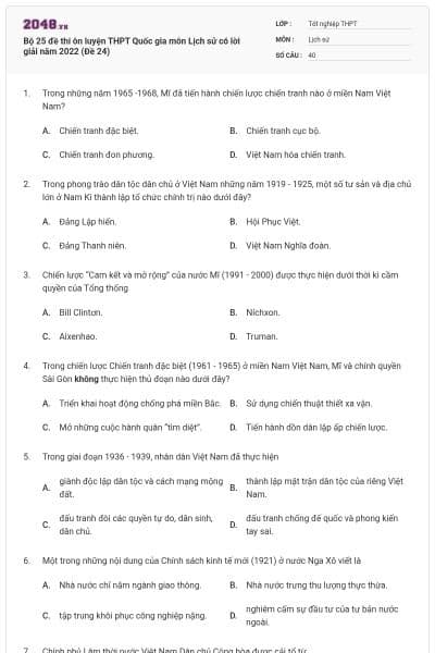 Bộ 25 đề thi ôn luyện THPT Quốc gia môn Lịch sử có lời giải năm 2022 (Đề 24)