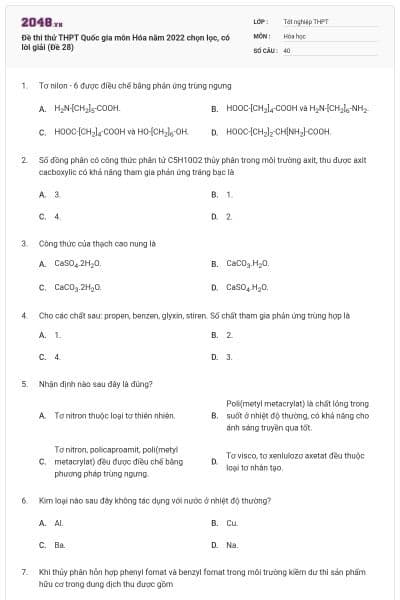 Đề thi thử THPT Quốc gia môn Hóa năm 2022 chọn lọc, có lời giải (Đề 28)
